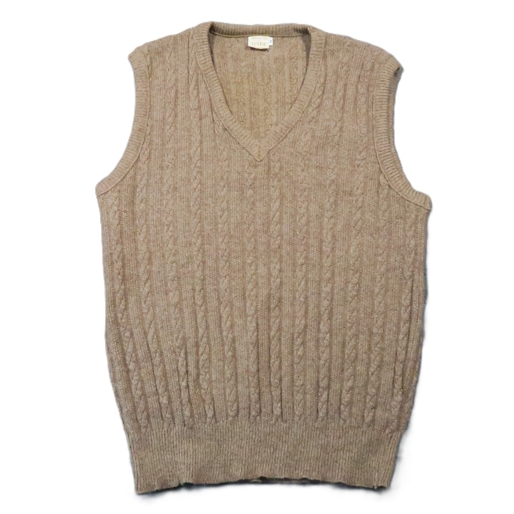 Vintage 70s 80s Sweater Vest Womens M Tan Wool Blend Cable Knit Preppy Academia